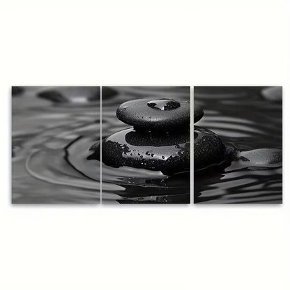 3pcs Serene Black Zen Stones Water Droplet Metal Print Ready to Hang Art - Bella Home Decor