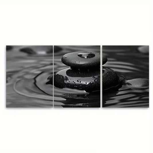 3pcs Serene Black Zen Stones Water Droplet Metal Print Ready to Hang Art