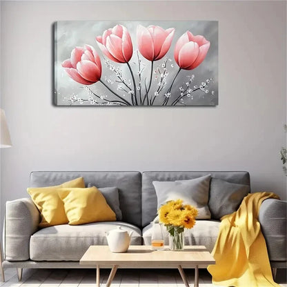 Pink Tulip White Flower Accents Wall Art Canvas Office Home Room Framed 120x60cm - Bella Home Decor