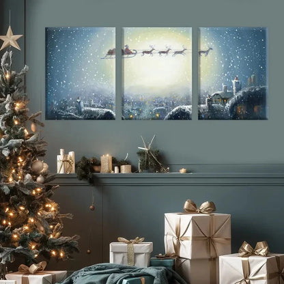 3pcs Christmas Santa Claus and Reindeer Sleigh Metal Print Ready to Hang Art - Bella Home Decor