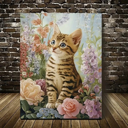 Cute Bengal Cat Kitten with Vibrant Flowers 40x60cm Metal Print Ready to Hang - Bella Home Decor