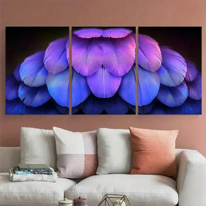 3pcs Elegant Purple Hen Feather Macro Photograph Wall Art Set Canvas Framed 40x60cm - High Quality Print 100% Australian Made Wall Canvas Ready to Hang - Bella Home Decor