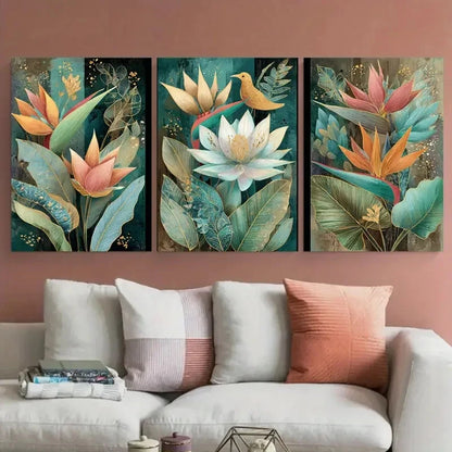 3pcs Angel Falls Venezuela Vintage Floral Wall Art Set Canvas Framed 60x90cm - High Quality Print 100% Australian Made Wall Canvas Ready to Hang - Bella Home Decor
