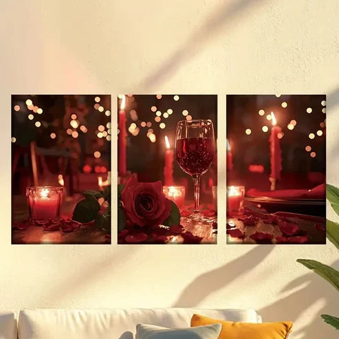 3pcs Valentine’s Day Dinner Scene with Red Rose Wall Art Canvas Unframed – High Quality Print 100% Australian Made Wall Canvas