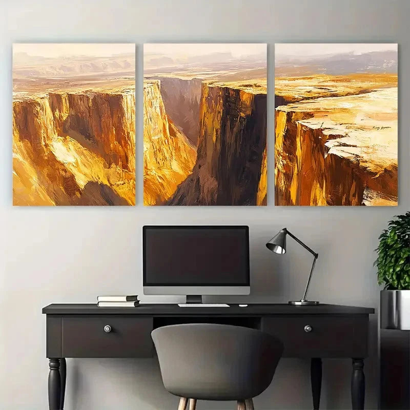 3pcs Steep Cliffs in Sienna and Mustard Tones Wall Art Set Canvas Framed 40x60cm - High Quality Print 100% Australian Made Wall Canvas Ready to Hang