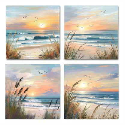 4pcs Beach picture quality texture Wall Art Canvas Framed