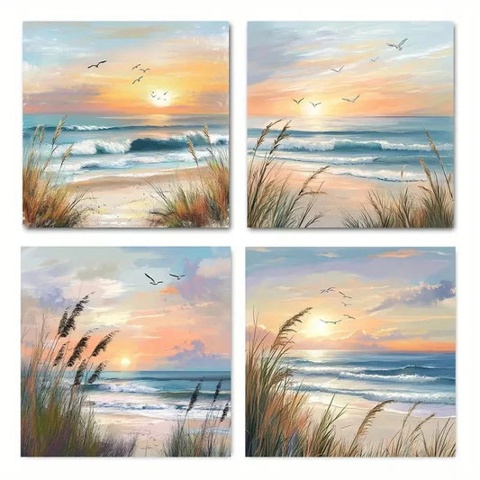 4pcs Beach picture quality texture Wall Art Canvas Framed