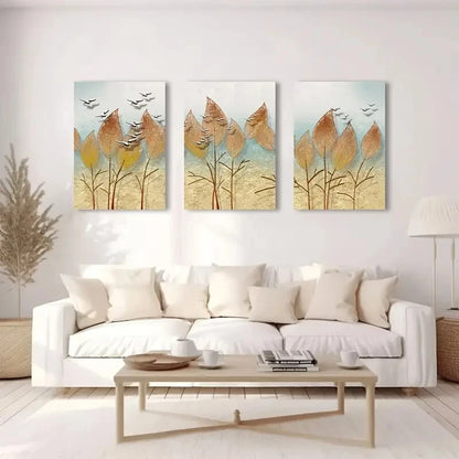 3pcs Golden Leaves and Birds Autumn Landscape Metal Print Ready to Hang Art