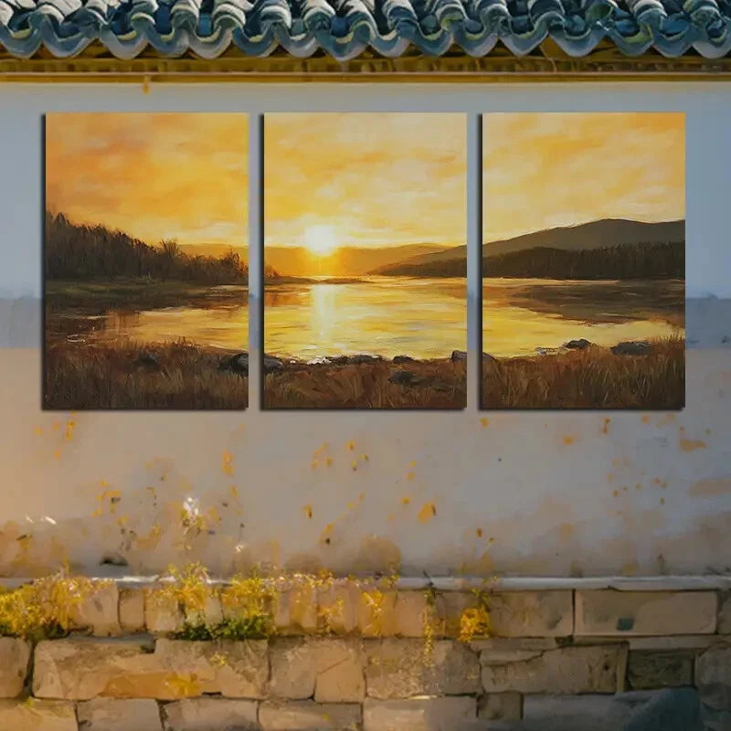 3pcs Vibrant lake under the sunset Metal Print Ready to Hang Art - Bella Home Decor