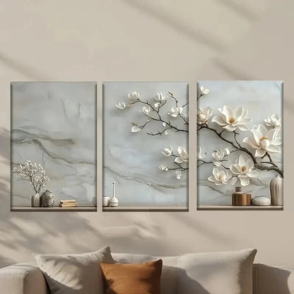 3pcs White Flowers on Marble Background Wall Art Set Canvas Framed 50x70cm - High Quality Print 100% Australian Made Wall Canvas Ready to Hang