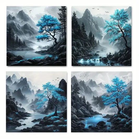 4pcsBlue Tree Landscap Wall Art Canvas Framed