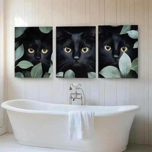 3pcs Mysterious Black Cat Feline Eyes Perfect Wall Art Set Canvas Framed 50x70cm - High Quality Print 100% Australian Made Wall Canvas Ready to Hang