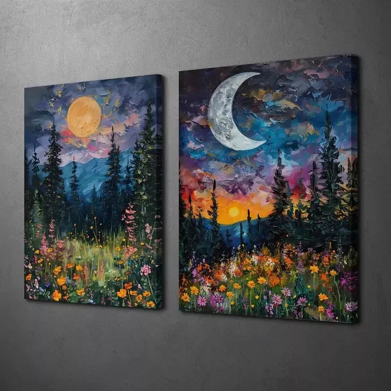 2pcs Vibrant Sun & Moon Floral Oil Paintings Canvas Framed 50x75cm - High Quality Print 100% Australian Made Wall Canvas Ready to Hang - Bella Home Decor