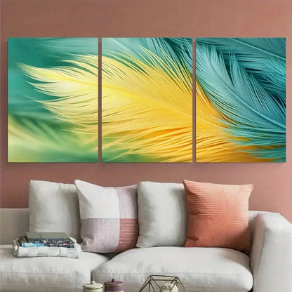 3pcs Fluffy Green Yellow Soft Pastel Feather Metal Print Ready to Hang Art - Bella Home Decor