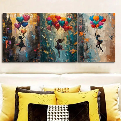 3pcs girl is flying on colorful balloons Wall Art Set Canvas Framed 50x70cm - High Quality Print 100% Australian Made Wall Canvas Ready to Hang - Bella Home Decor