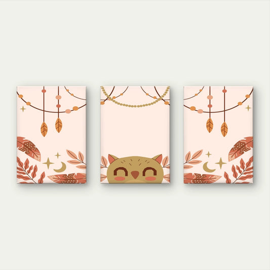 3pcs Boho Cute Owl and Feathers Playful Kids Wall Art Set Canvas Framed 60x90cm - High Quality Print 100% Australian Made Wall Canvas Ready to Hang