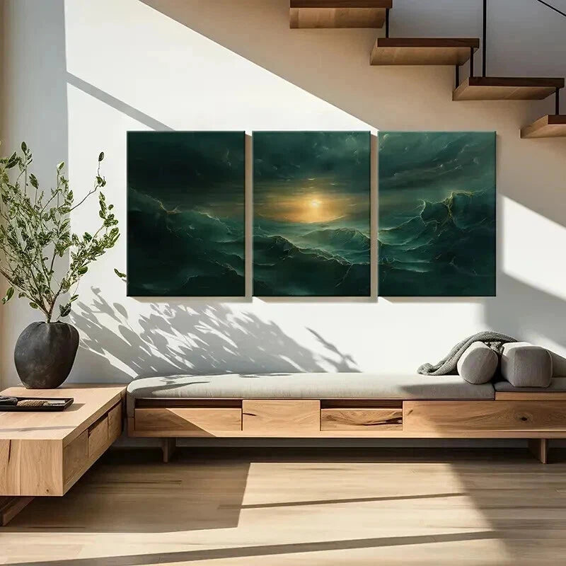 3pcs Mystical Golden Waves & Dark Clouds Wall Art Set Canvas Framed 40x60cm - High Quality Print 100% Australian Made Wall Canvas Ready to Hang - Bella Home Decor