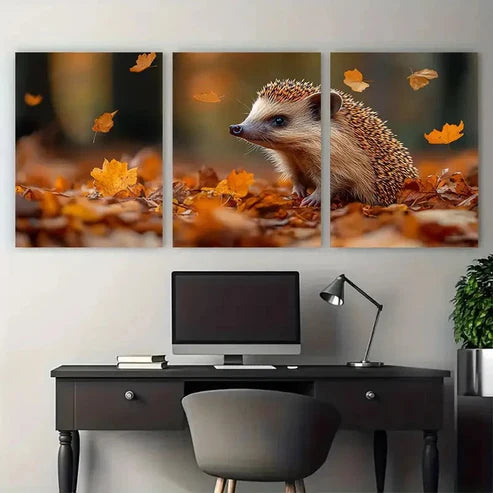 3pcs Autumn European Hedgehog Woodland Wildlife Wall Art Canvas Unframed - High Quality Print 100% Australian Made Wall Canvas - Bella Home Decor