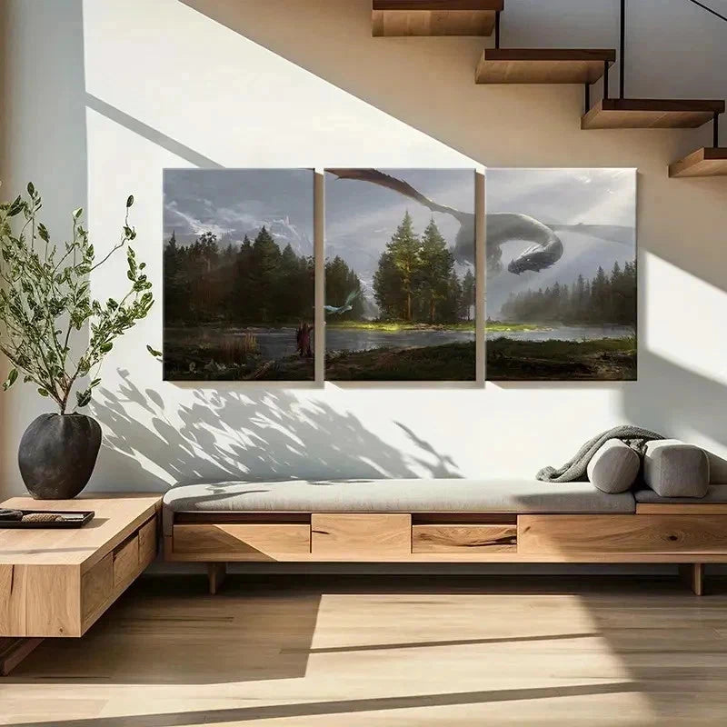 3pcs Magical Style Aesthetic Dragon Retro Wall Art Set Canvas Framed 50x70cm - High Quality Print 100% Australian Made Wall Canvas Ready to Hang - Bella Home Decor