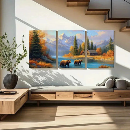 3pcs Autumn Mountain Landscape Rustic Cabin Metal Print Ready to Hang Art - Bella Home Decor