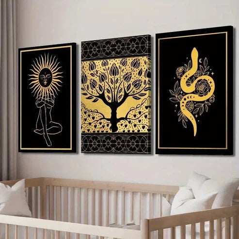3pcs Black And Golden Witchcraft Painting Wall Art Canvas Unframed - High Quality Print 100% Australian Made Wall Canvas - Bella Home Decor