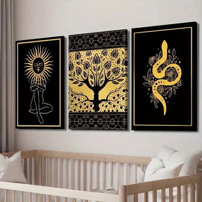 3pcs Black And Golden Witchcraft Painting Wall Art Canvas Unframed - High Quality Print 100% Australian Made Wall Canvas - Bella Home Decor