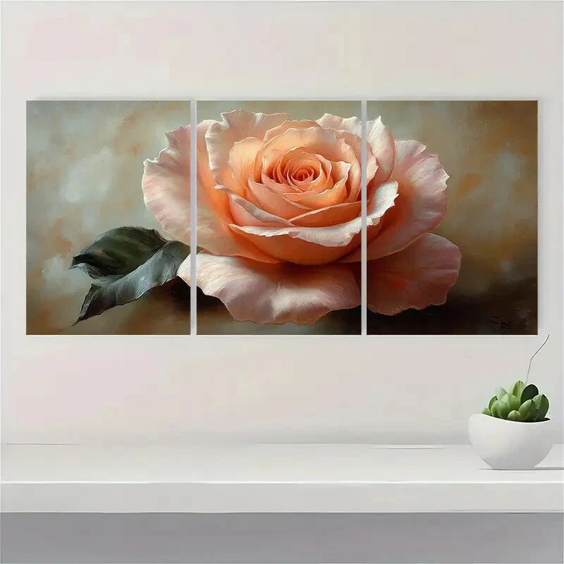 3pcs Peach Rose Flower Art Rose Painting Print Metal Print Ready to Hang Art - Bella Home Decor