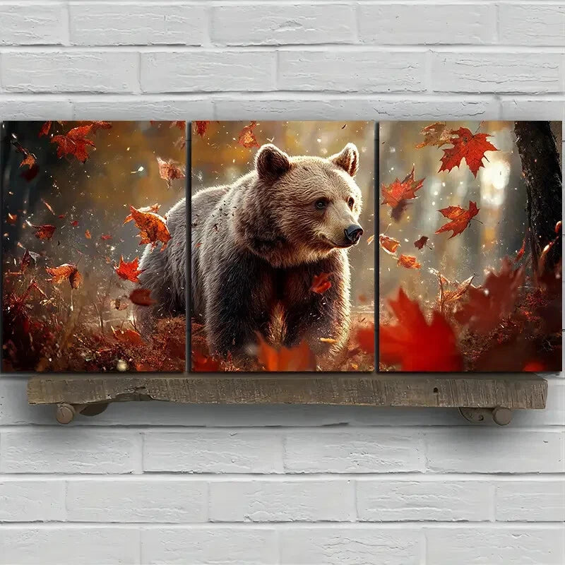 3pcs Bears in the Forest Red Leaves Modern Themed Metal Print Ready to Hang Art - Bella Home Decor