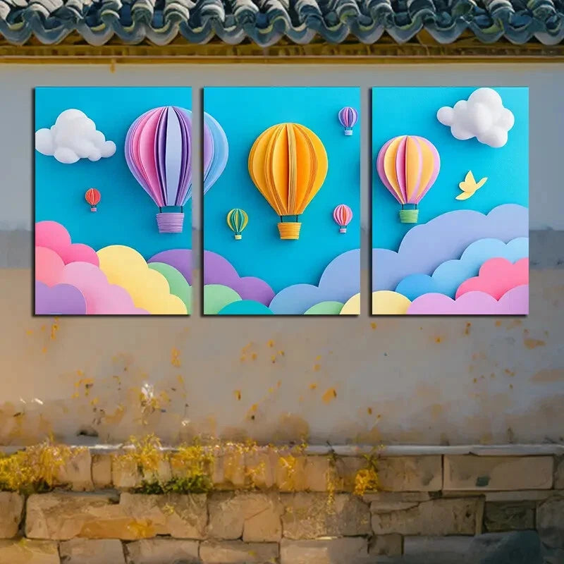 3pcs Modern Colorful Balloons and Clouds Design Metal Print Ready to Hang Art - Bella Home Decor