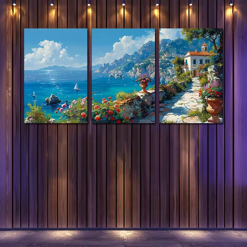 3pcs Coastal Path Scenery with Vibrant Flowers Wall Art Set Canvas Framed 60x90cm - High Quality Print 100% Australian Made Wall Canvas Ready to Hang