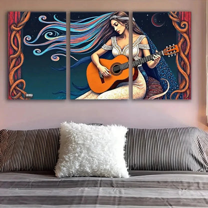 3pcs Woman Playing Guitar Cosmic Design Wall Art Set Canvas Framed 50x70cm - High Quality Print 100% Australian Made Wall Canvas Ready to Hang