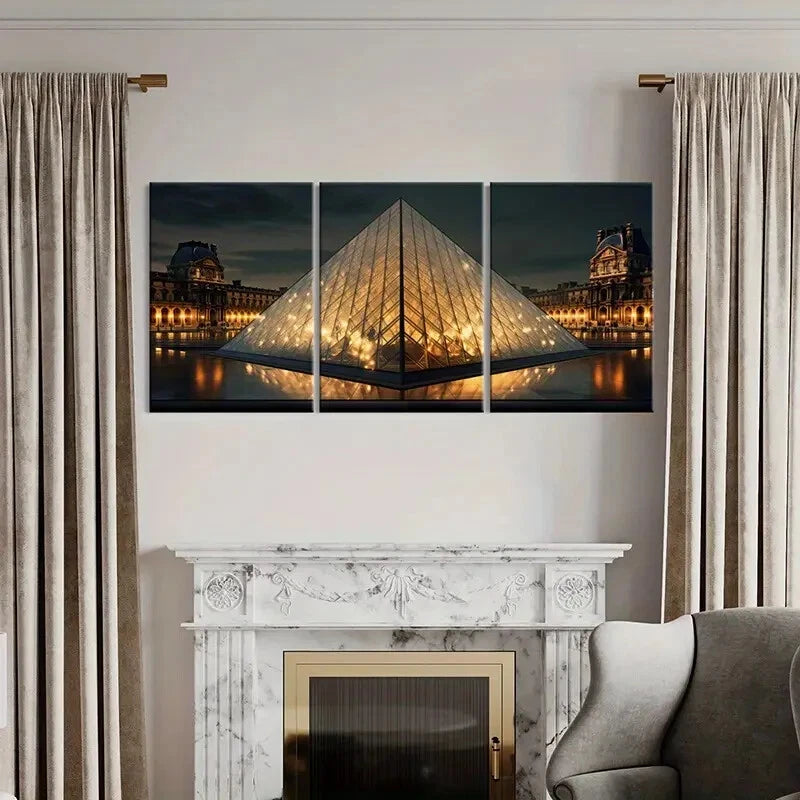 3pcs Louvre Pyramid Paris Landmark Architectural Metal Print Ready to Hang Art - Bella Home Decor
