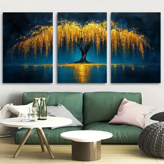 3pcs Golden and Blue Weeping Willow Tree Metal Print Ready to Hang Art