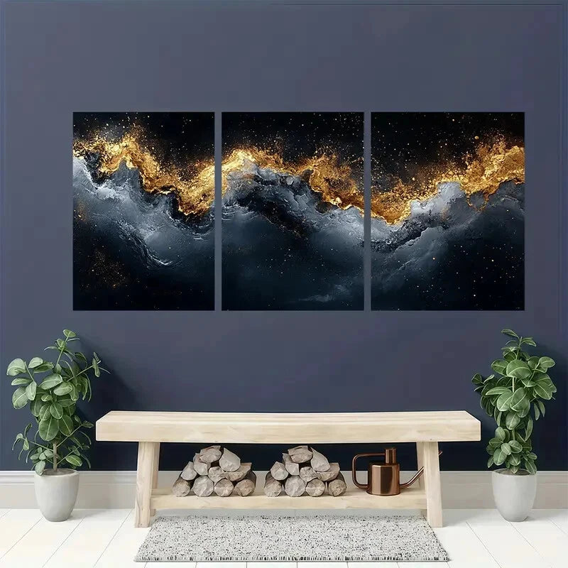 3pcs Abstract Golden Wave Black and White Texture Metal Print Ready to Hang Art - Bella Home Decor