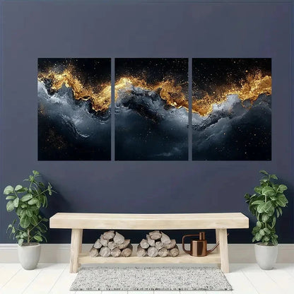 3pcs Abstract Golden Wave Black and White Texture Metal Print Ready to Hang Art - Bella Home Decor