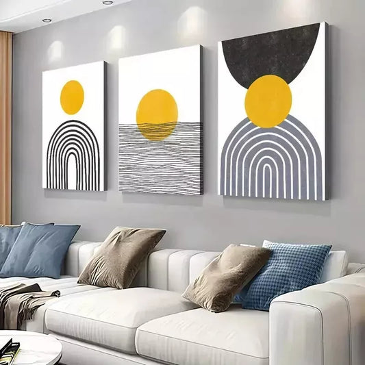 3pcs Mustard Yellow and Black Abstract Prints Wall Art Set Canvas Framed 50x70cm - High Quality Print 100% Australian Made Wall Canvas Ready to Hang
