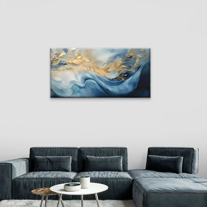Blue And Golden Abstract Wall Art Canvas Office Home Room Framed 120x60cm - Bella Home Decor