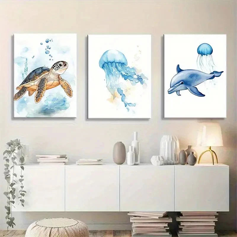 3pcs Watercolor Turtle Jellyfish and Dolphin Metal Print Ready to Hang Art - Bella Home Decor