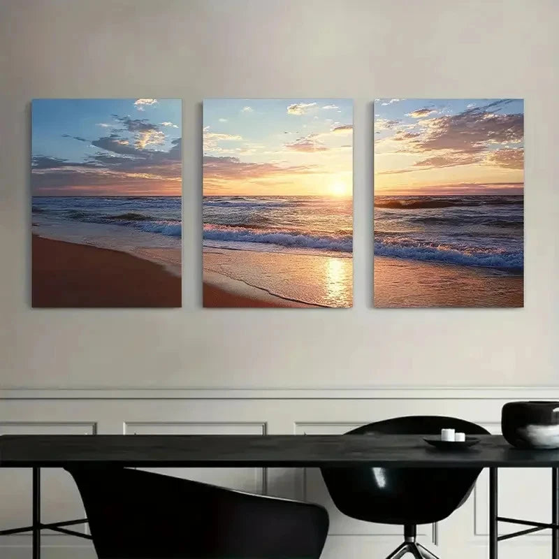 3pcs Beach Sunset Scene with Golden Sand Metal Print Ready to Hang Art - Bella Home Decor