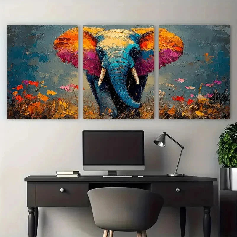 3pcs Colorful Elephant Abstract Impasto Animal Wall Art Set Canvas Framed 40x60cm - High Quality Print 100% Australian Made Wall Canvas Ready to Hang