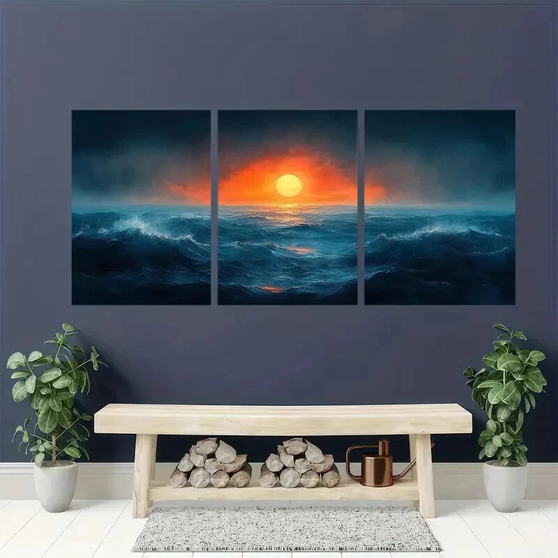 3pcs Abstract Ocean Sunrise Watercolor Sea Metal Print Ready to Hang Art - Bella Home Decor