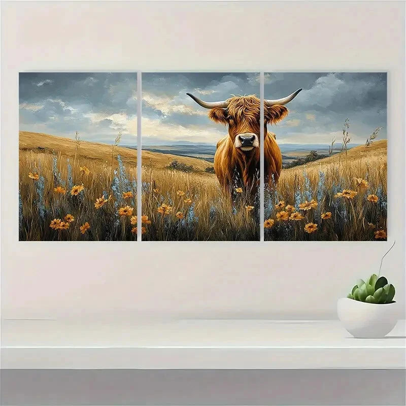 3pcs Highland Cow Country Landscape Photography Metal Print Ready to Hang Art