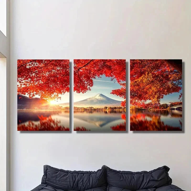 3pcs ,Autumn Mount Fuji Landscape Metal Print Ready to Hang Art