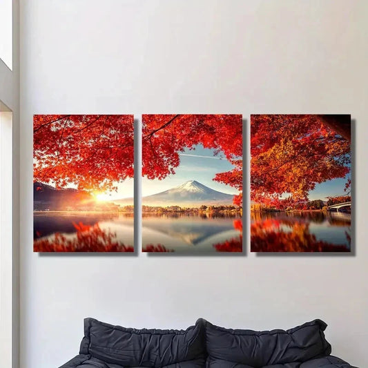 3pcs ,Autumn Mount Fuji Landscape Metal Print Ready to Hang Art