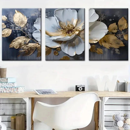 3pcs Large White Flowers and Golden Leaves Wall Art Set Canvas Framed 50x70cm - High Quality Print 100% Australian Made Wall Canvas Ready to Hang