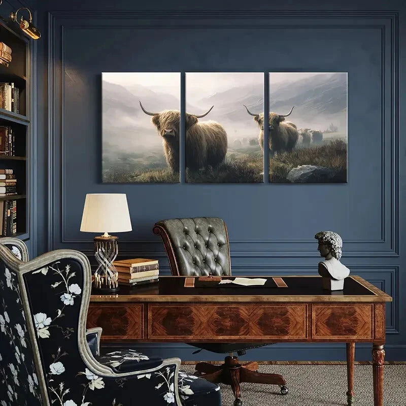 3pcs Highland Cattle Mountain Landscape Scene Metal Print Ready to Hang Art - Bella Home Decor