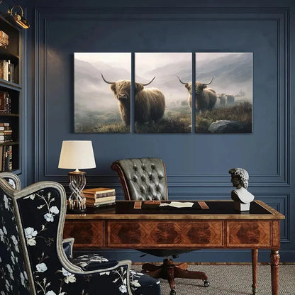 3pcs Highland Cattle Mountain Landscape Scene Metal Print Ready to Hang Art - Bella Home Decor