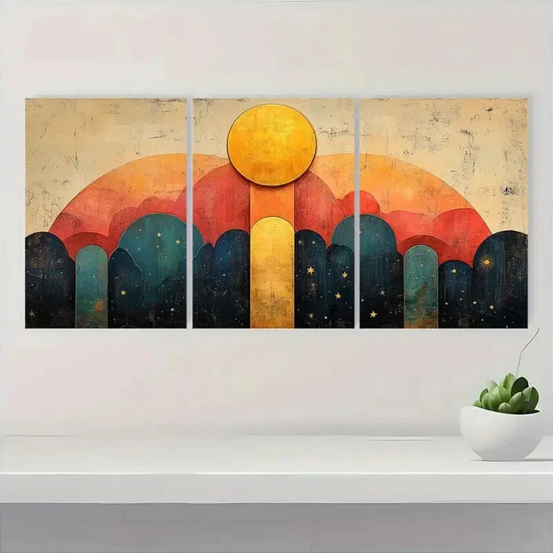 3pcs Abstract Vibrant Geometric Moon & Stars Metal Print Ready to Hang Art - Bella Home Decor