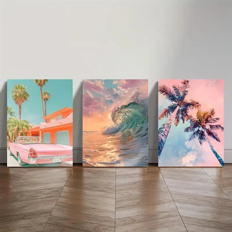 3pcs Tropical Beach & Palm Tree Watercolor Lands Metal Print Ready to Hang Art - Bella Home Decor