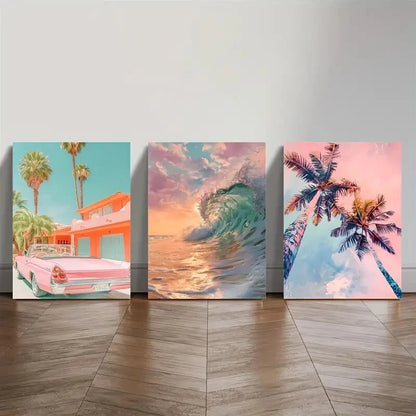 3pcs Tropical Beach & Palm Tree Watercolor Lands Metal Print Ready to Hang Art - Bella Home Decor